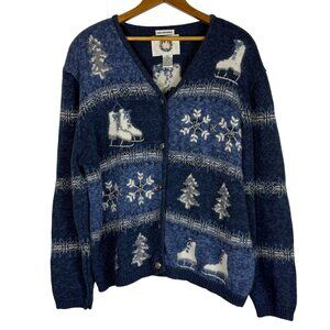 Christopher & Banks Sweater XL Blue Hand Embroidered Snowflake Ice Skates